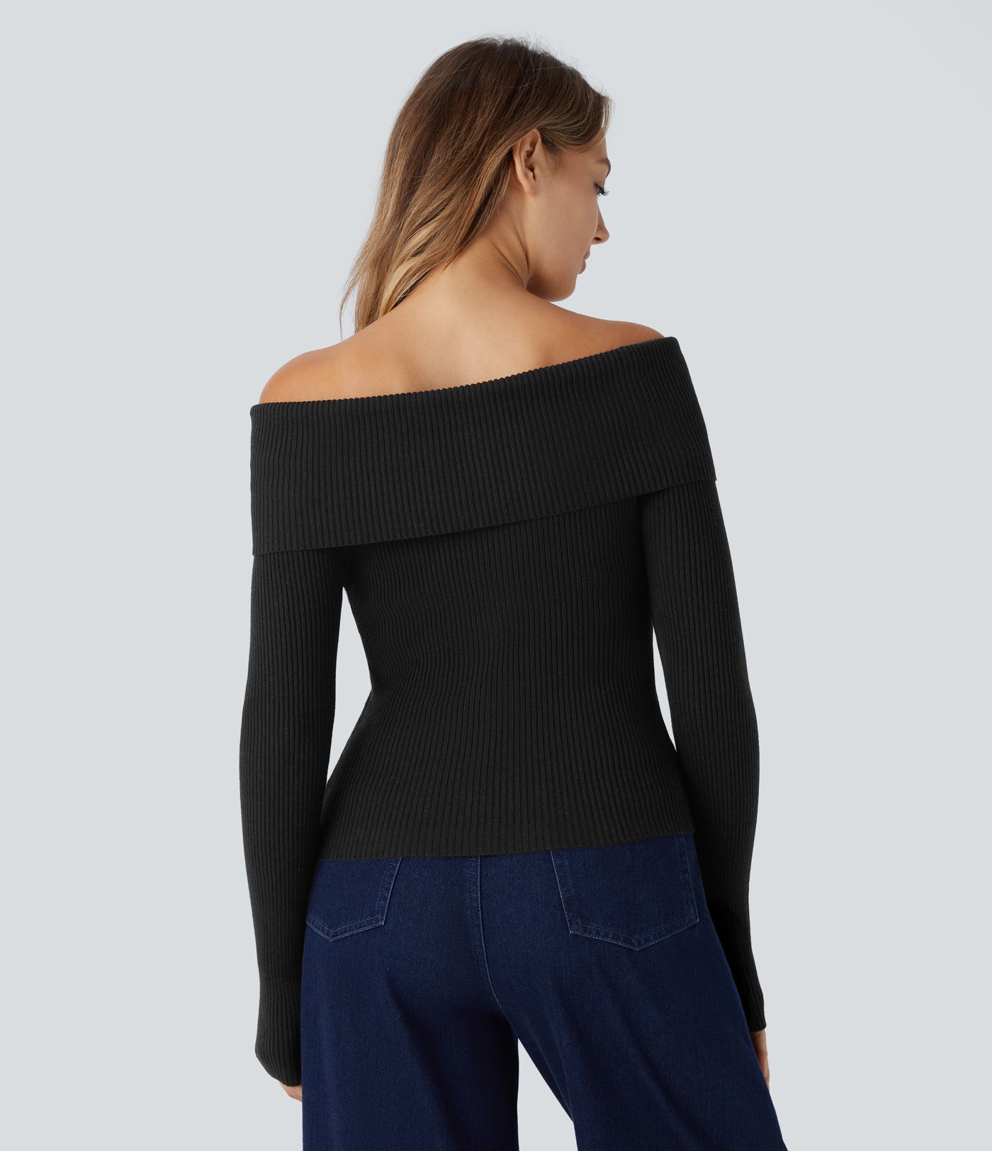 Folded Off Shoulder Long Sleeve Casual Sweater