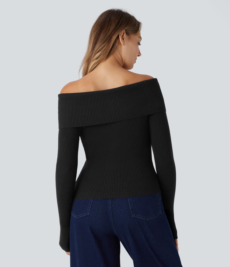 Folded Off Shoulder Long Sleeve Casual Sweater