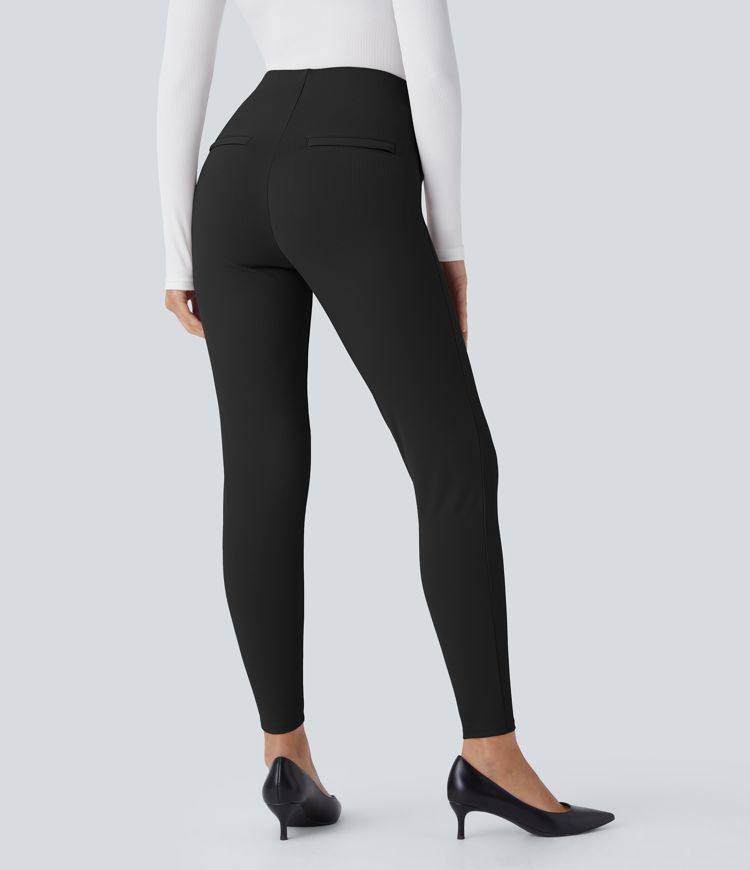 SoCinched High Waisted Tummy Control Decorative Button Back Zipper Pockets Herringbone Work Leggings