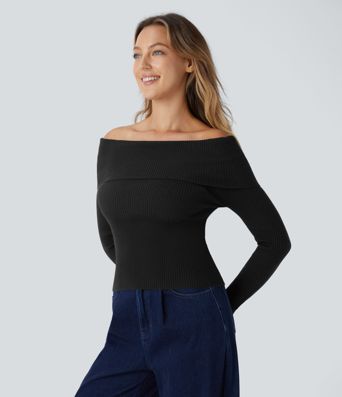 Folded Off Shoulder Long Sleeve Casual Sweater