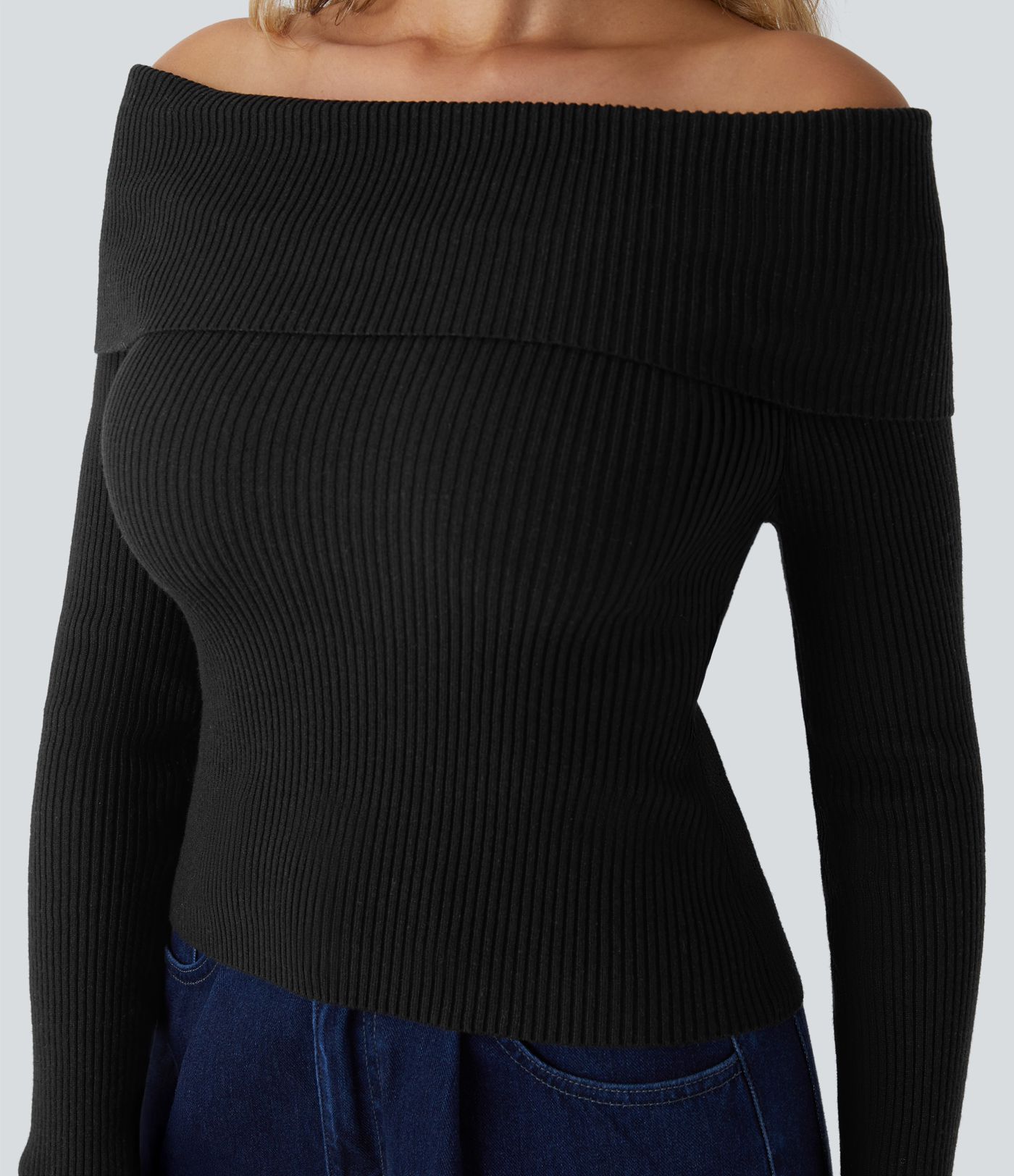 Folded Off Shoulder Long Sleeve Casual Sweater