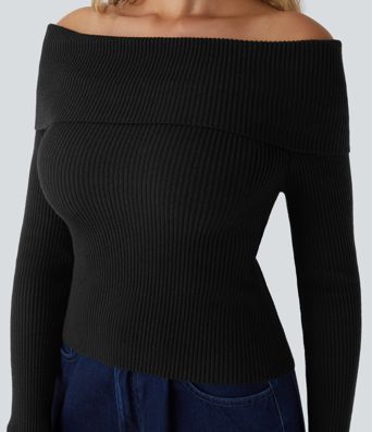 Folded Off Shoulder Long Sleeve Casual Sweater