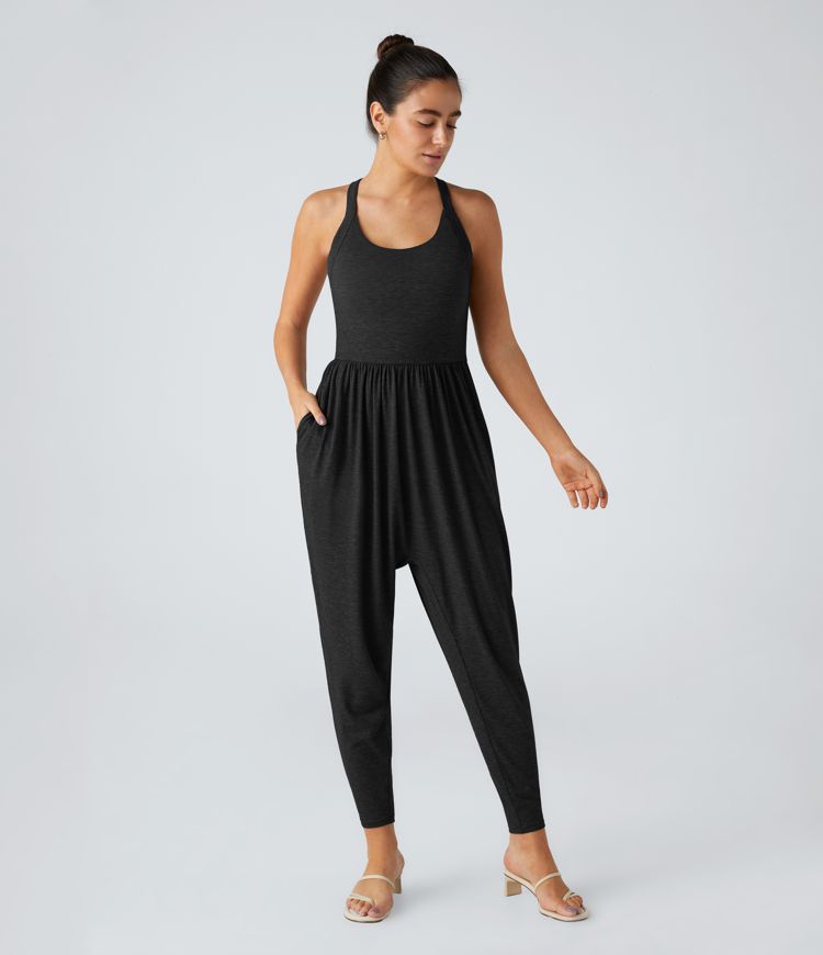 Backless Twisted U Neck Plicated Side Pocket Harem Casual Jumpsuit