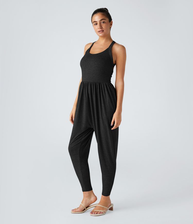 Backless Twisted U Neck Plicated Side Pocket Harem Casual Jumpsuit