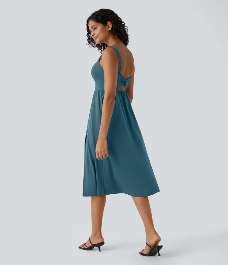 Padded Backless Twisted Split Midi Casual Dress