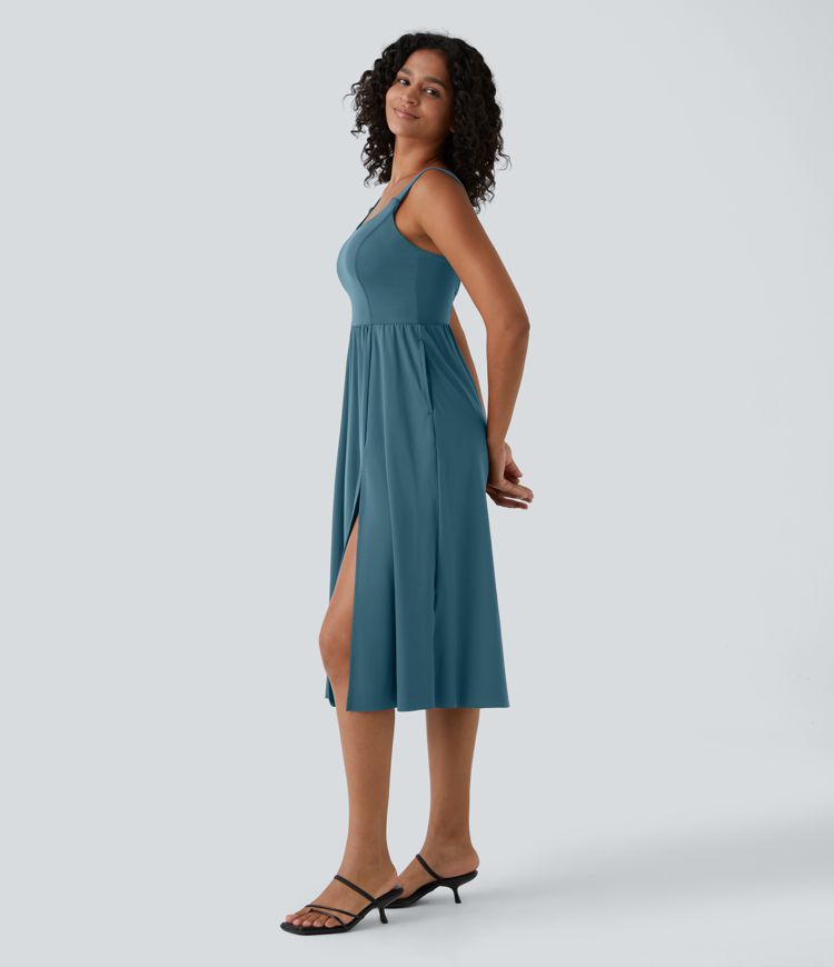 Padded Backless Twisted Split Midi Casual Dress