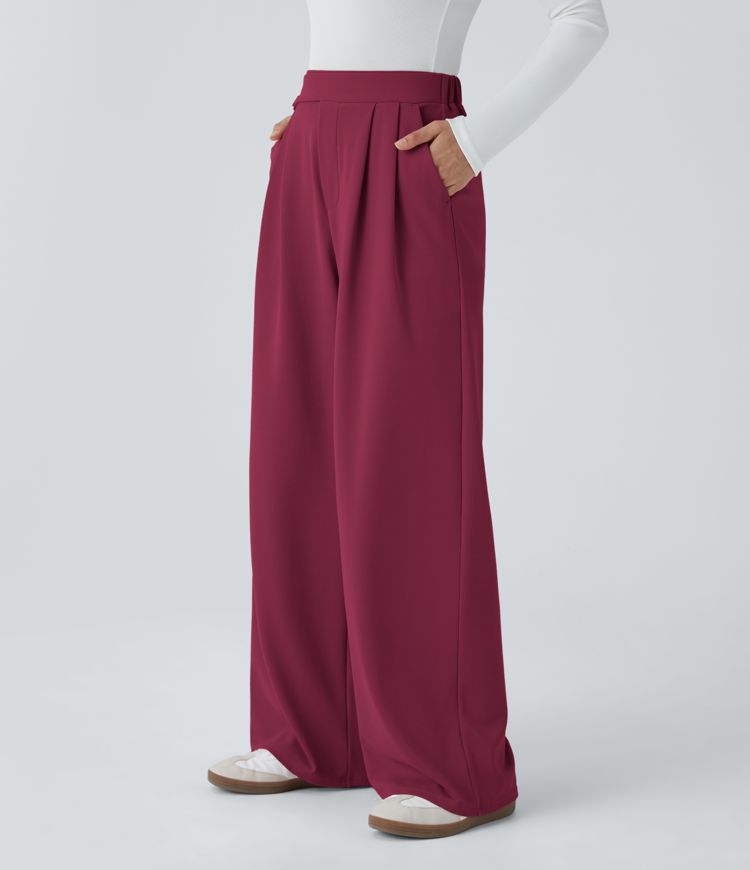 High Waisted Pocket Wide Leg Waffle Casual Pants