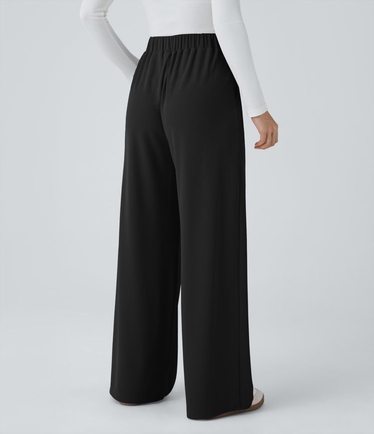 High Waisted Pocket Wide Leg Waffle Casual Pants