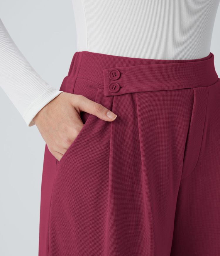 High Waisted Pocket Wide Leg Waffle Casual Pants