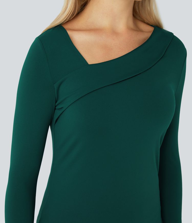 Blusa oficina cuello asimétrico manga larga dobladillo curvo