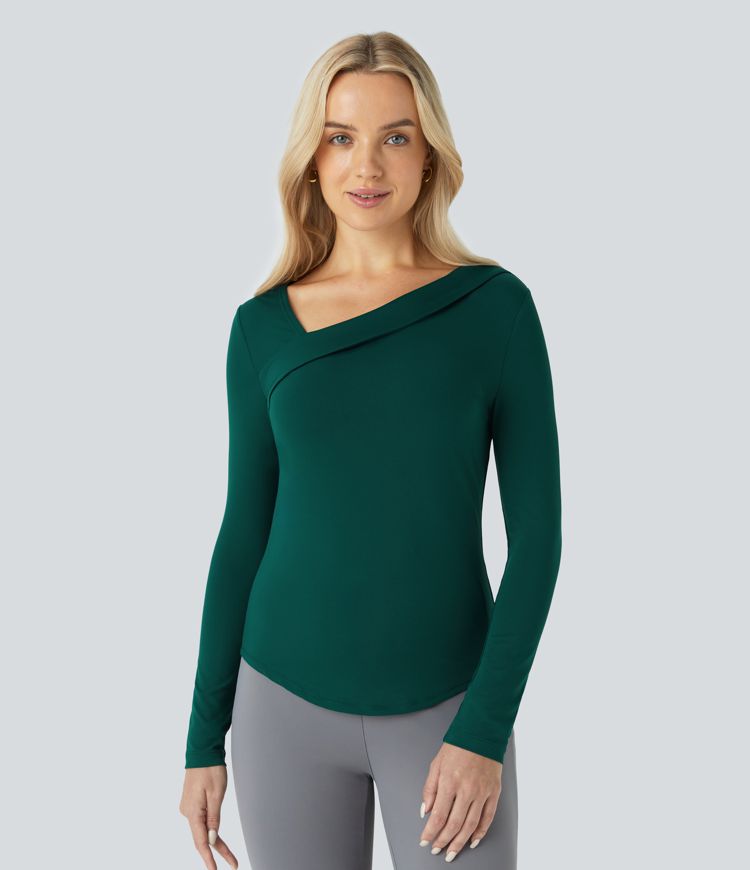 Blusa oficina cuello asimétrico manga larga dobladillo curvo