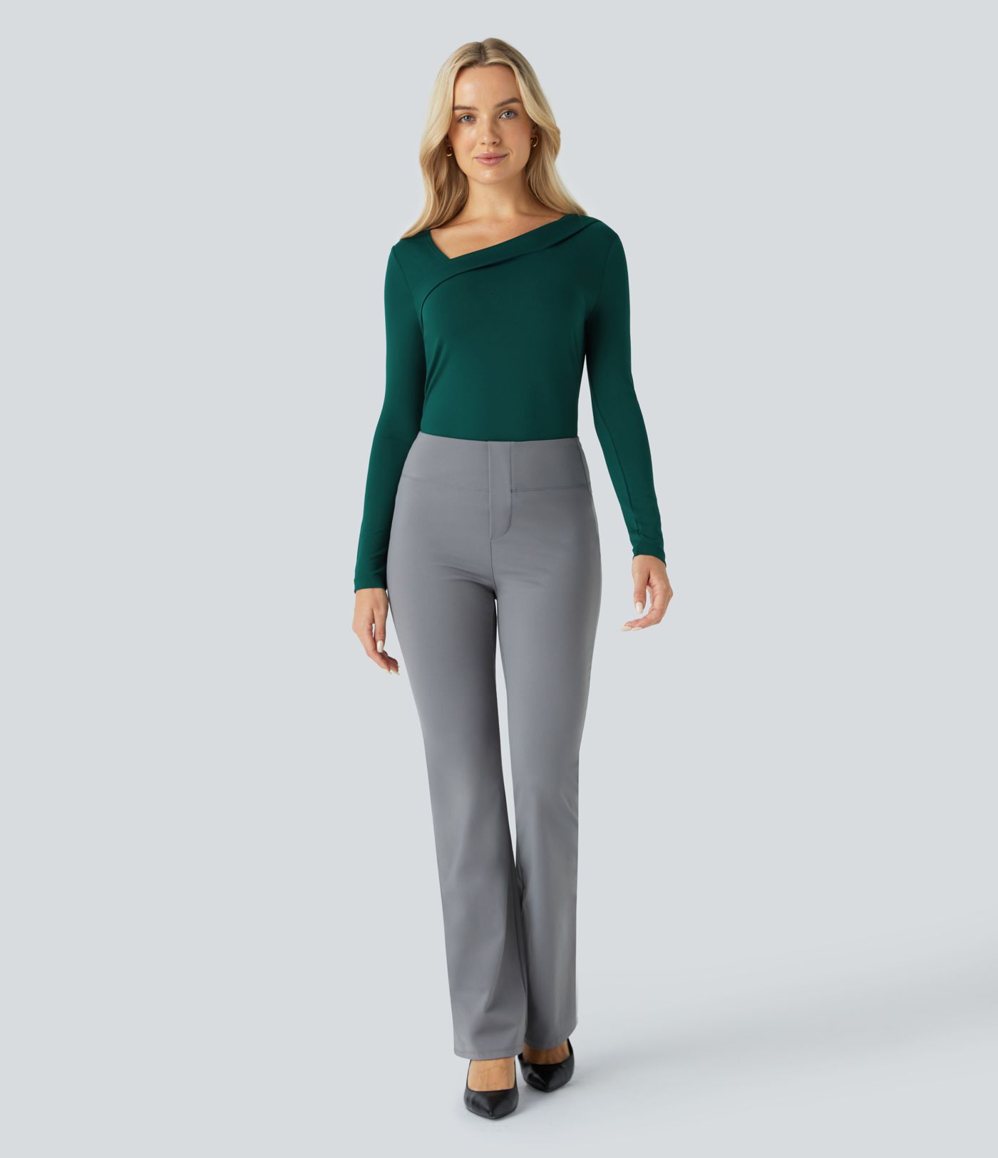 Asymmetric Neck Long Sleeve Curved Hem Work Top