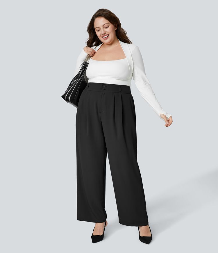 High Waisted Zipper Pocket Shirred Straight Leg Work Plus Size Pants