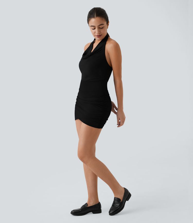 Jupe Casual Mini Moulante Taille Haute Poches Latérales et Ruchée 2 en 1