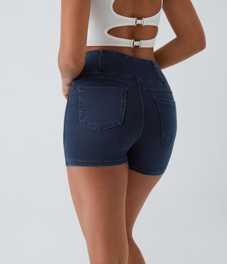 Halara Flex™ High Waist Crossover Back Side Pocket Stretch Knit Denim Casual Shorts 3 Inch