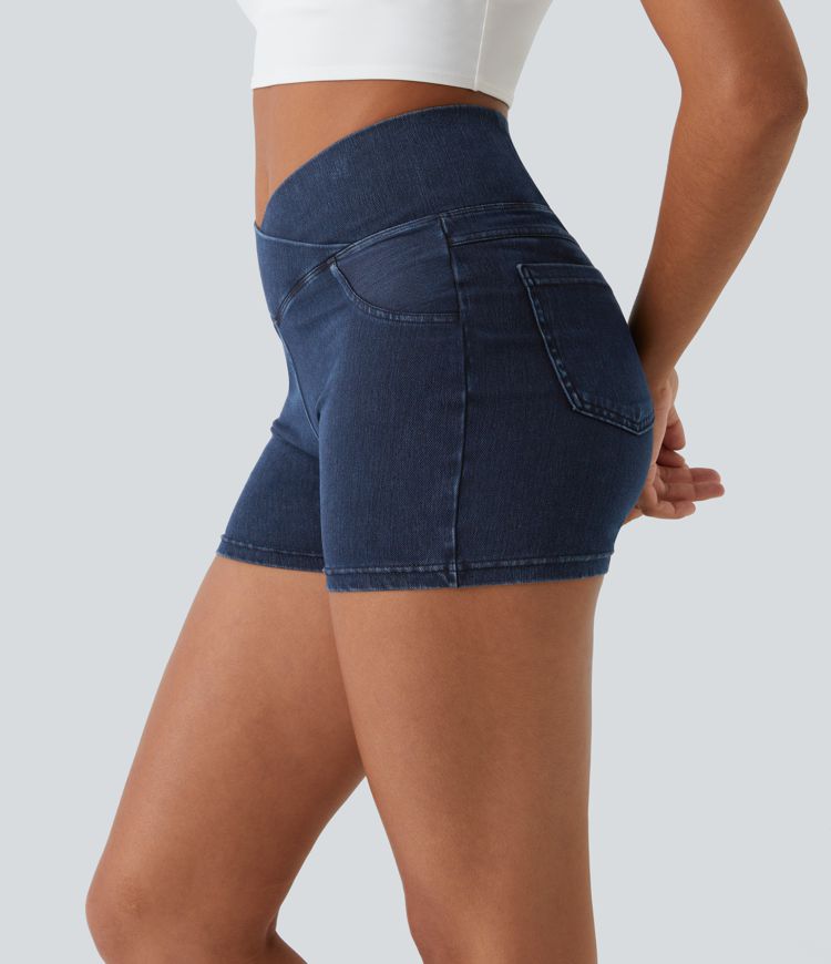 HalaraMagic™ High Waisted Crossover Back Side Pocket Stretchy Knit Denim Casual Shorts 3"