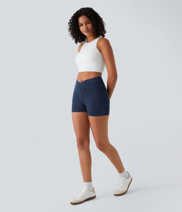 Halara Flex™ High Waist Crossover Back Side Pocket Stretch Knit Denim Casual Shorts 3 Inch