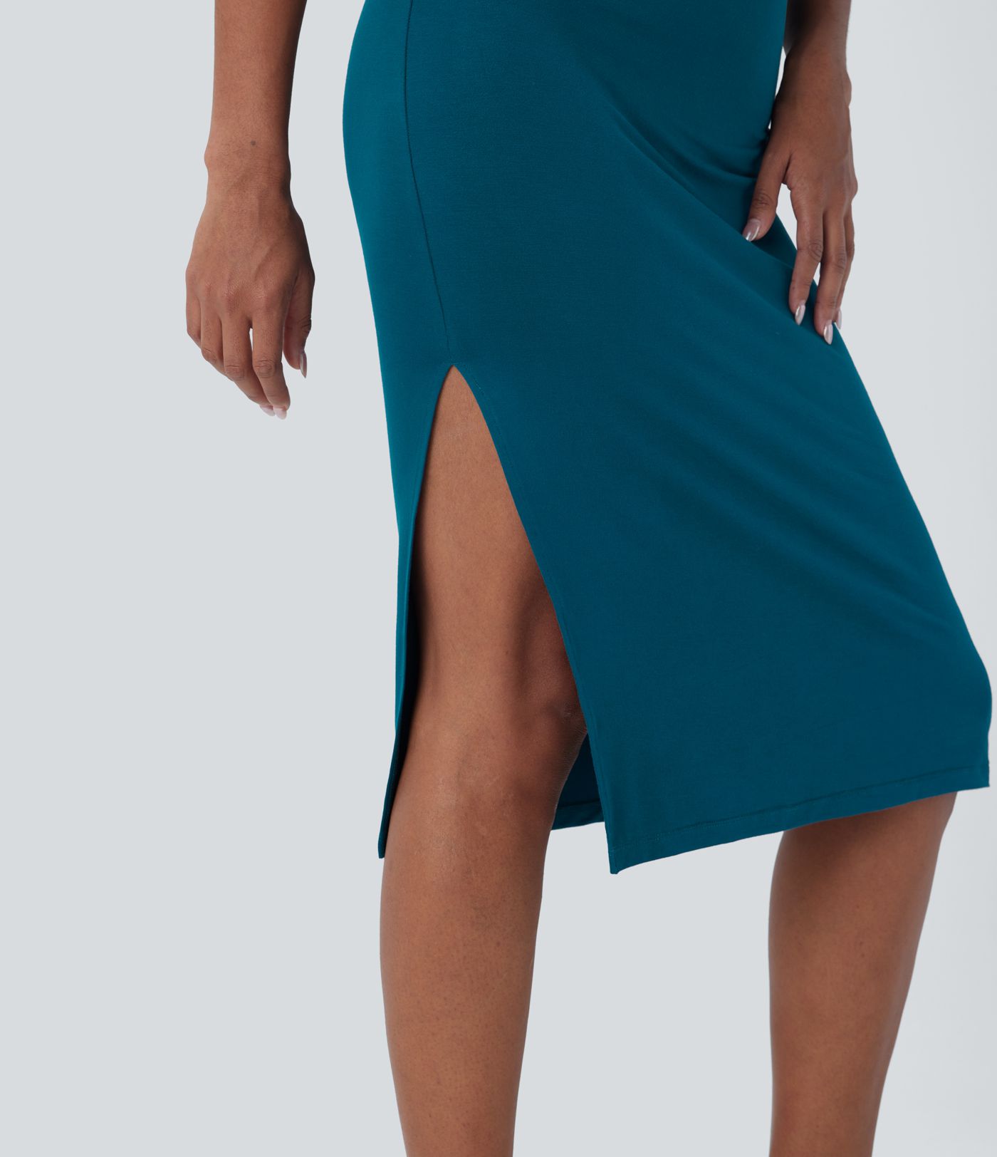 Sleeveless Ruched Split Bodycon Midi Casual Dress