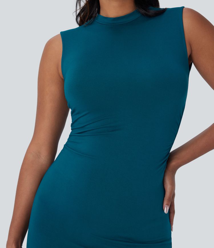 Sleeveless Ruched Split Bodycon Midi Casual Dress