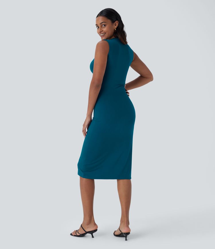 Sleeveless Ruched Split Bodycon Midi Casual Dress