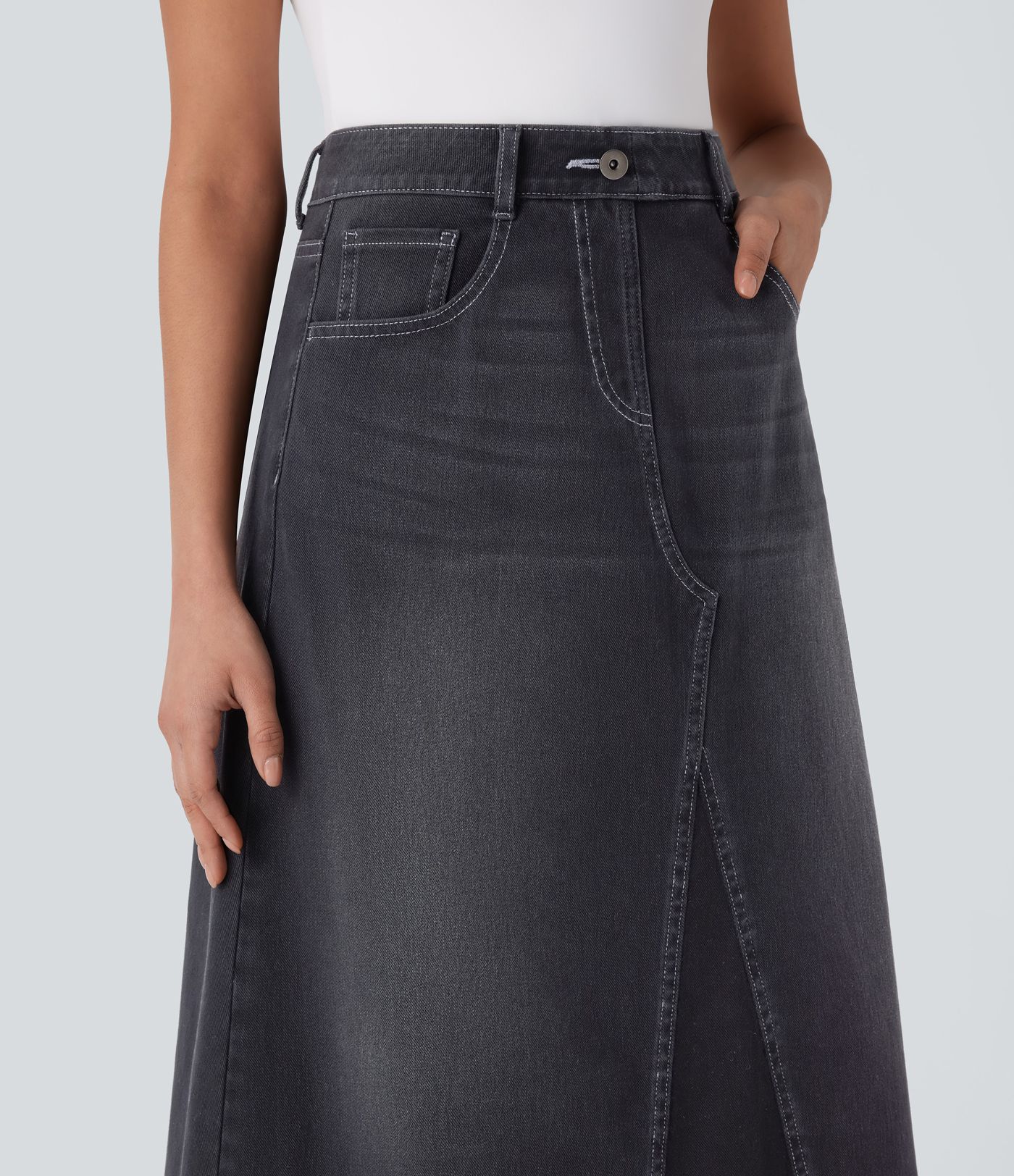 Halara Flex™ High Waisted Pockets Midi Washed Denim Casual A-Line Skirt