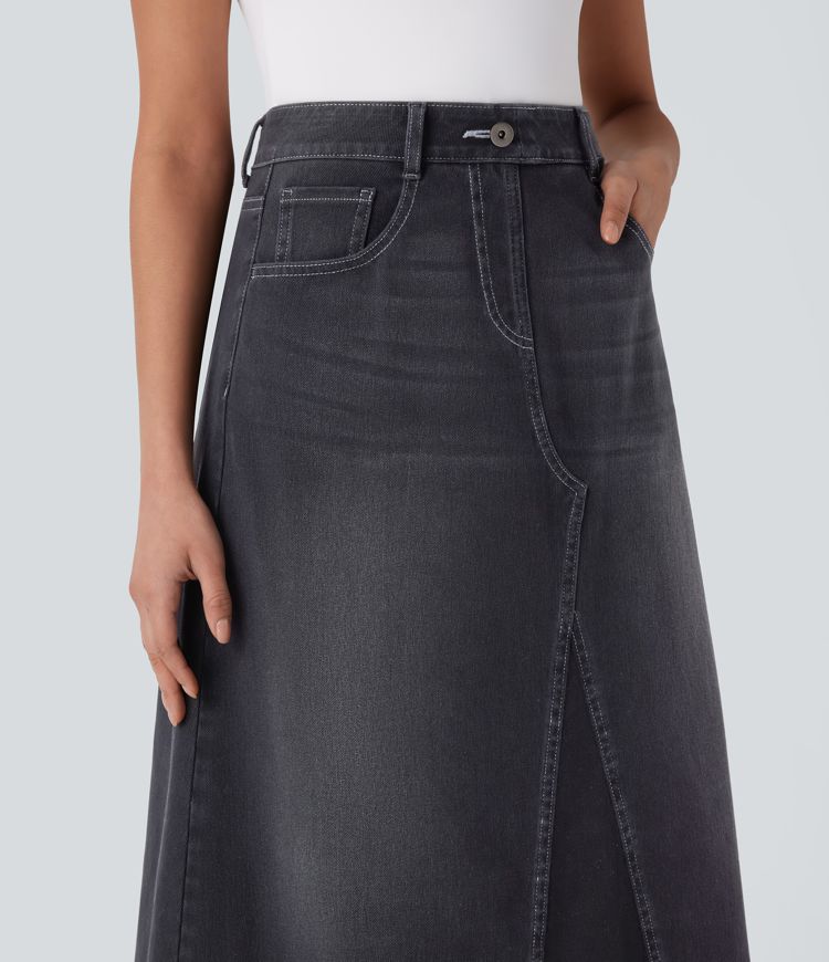 Halara Flex™ High Waisted Pockets Midi Washed Denim Casual A-Line Skirt
