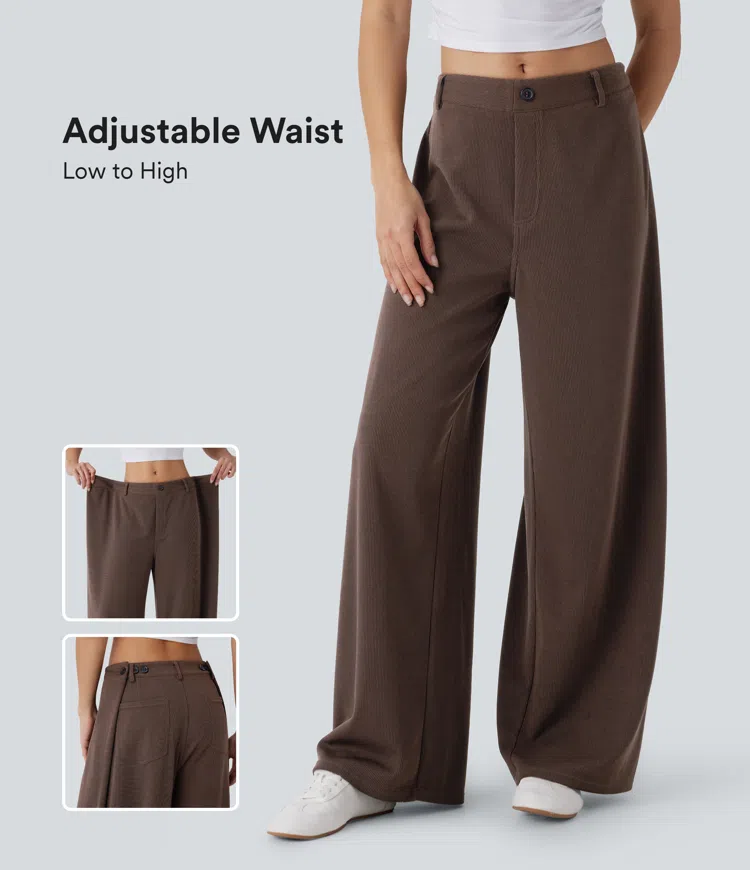 Ribbed Adjustable Waist Pocket Wide Leg Casual Pants