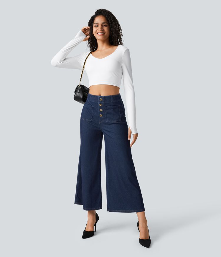 Halara Flex™ Lässige, ausgestellte Flared Jeans aus elastischem Strick-Denim mit hohem Bund, Knöpfe, weitem Bein und mehreren Taschen