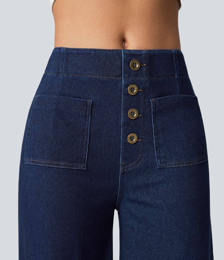 Halara Flex™ Lässige, ausgestellte Flared Jeans aus elastischem Strick-Denim mit hohem Bund, Knöpfe, weitem Bein und mehreren Taschen