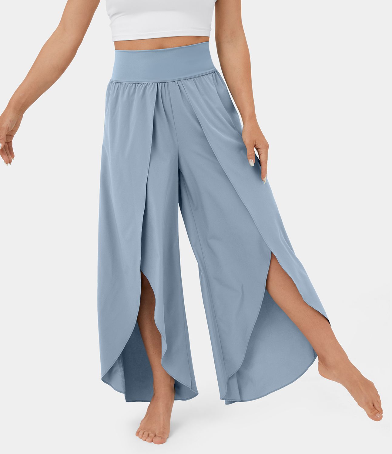 Breezeful™ ハイウエスト バック ウエストバンド ポケット付き  パラッツォ フローリー スプリット ワイドレッグ 速乾 カジュアル パンツ