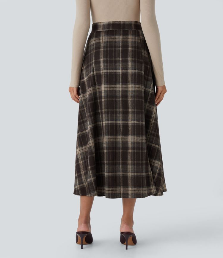 High Waisted Belted Wrapped Pocket Plaid Midi Work Skirt-Front and Back Wearable