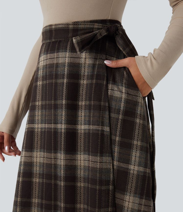 High Waisted Belted Wrapped Pocket Plaid Midi Work Skirt-Front and Back Wearable
