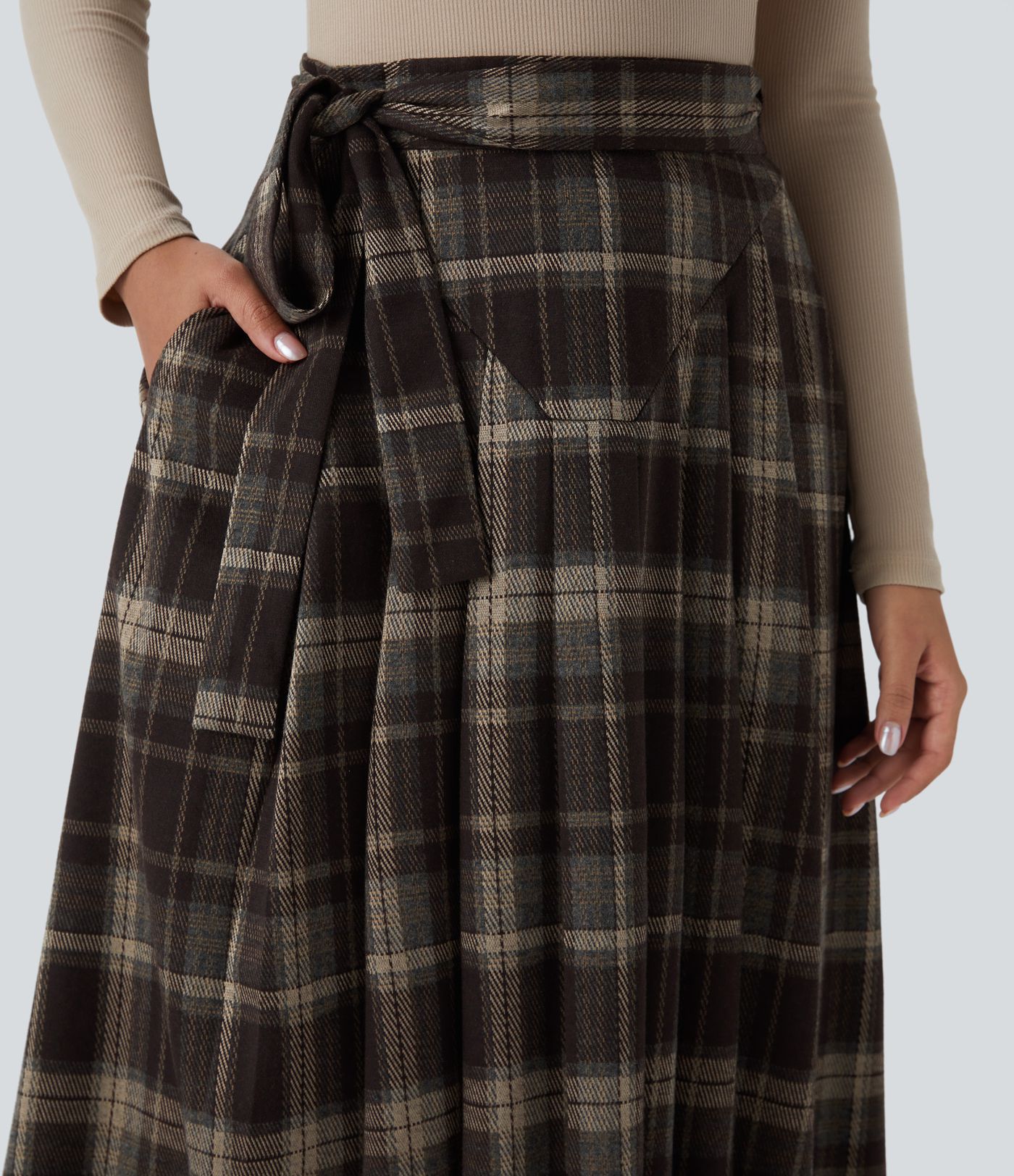 High Waisted Belted Wrapped Pocket Plaid Midi Work Skirt-Front and Back Wearable