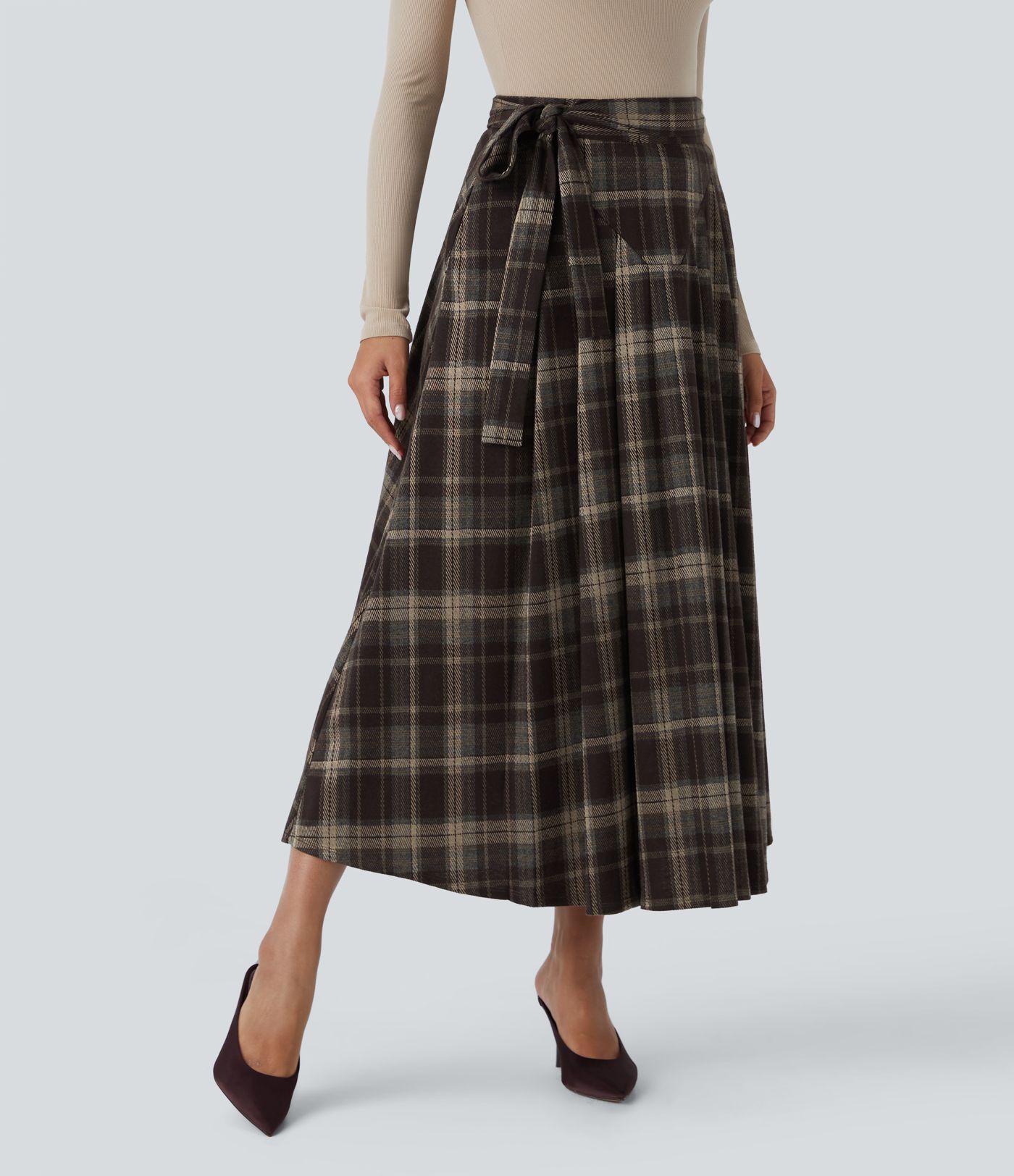 High Waisted Belted Wrapped Pocket Plaid Midi Work Skirt-Front and Back Wearable