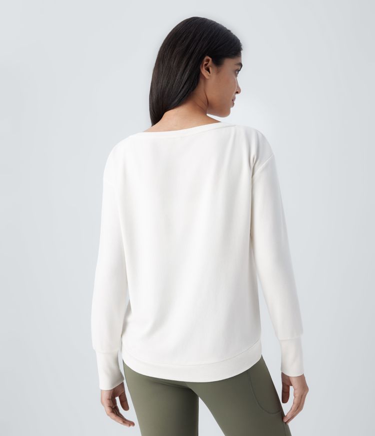 Boatneck Long Sleeve Curved Hem Fleece Yoga Sports Top