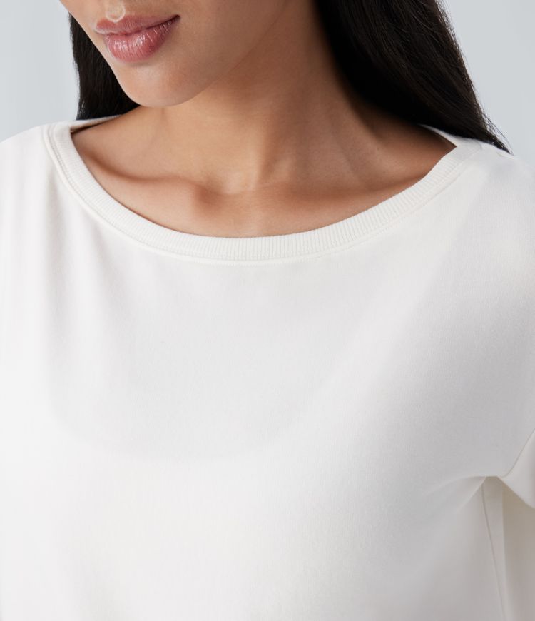 Boatneck Long Sleeve Curved Hem Fleece Yoga Sports Top