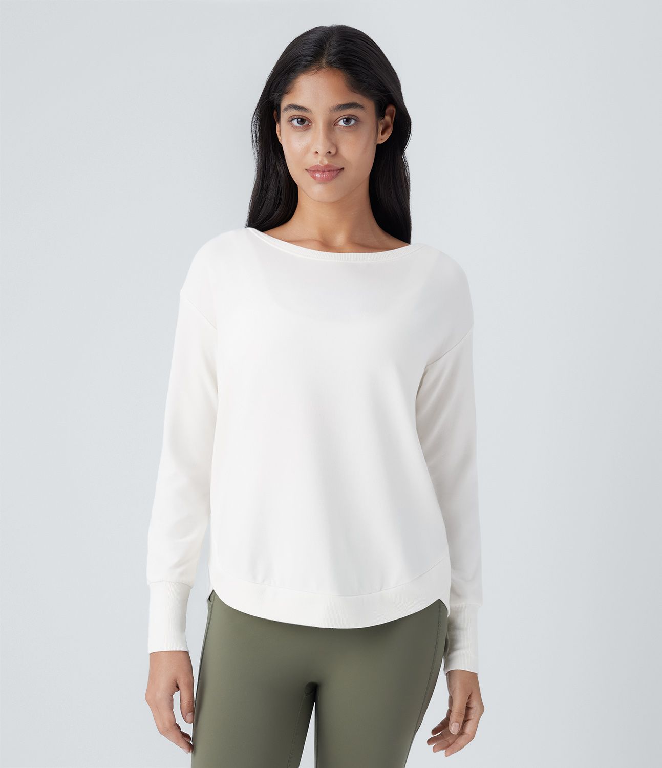 Boatneck Long Sleeve Curved Hem Fleece Yoga Sports Top