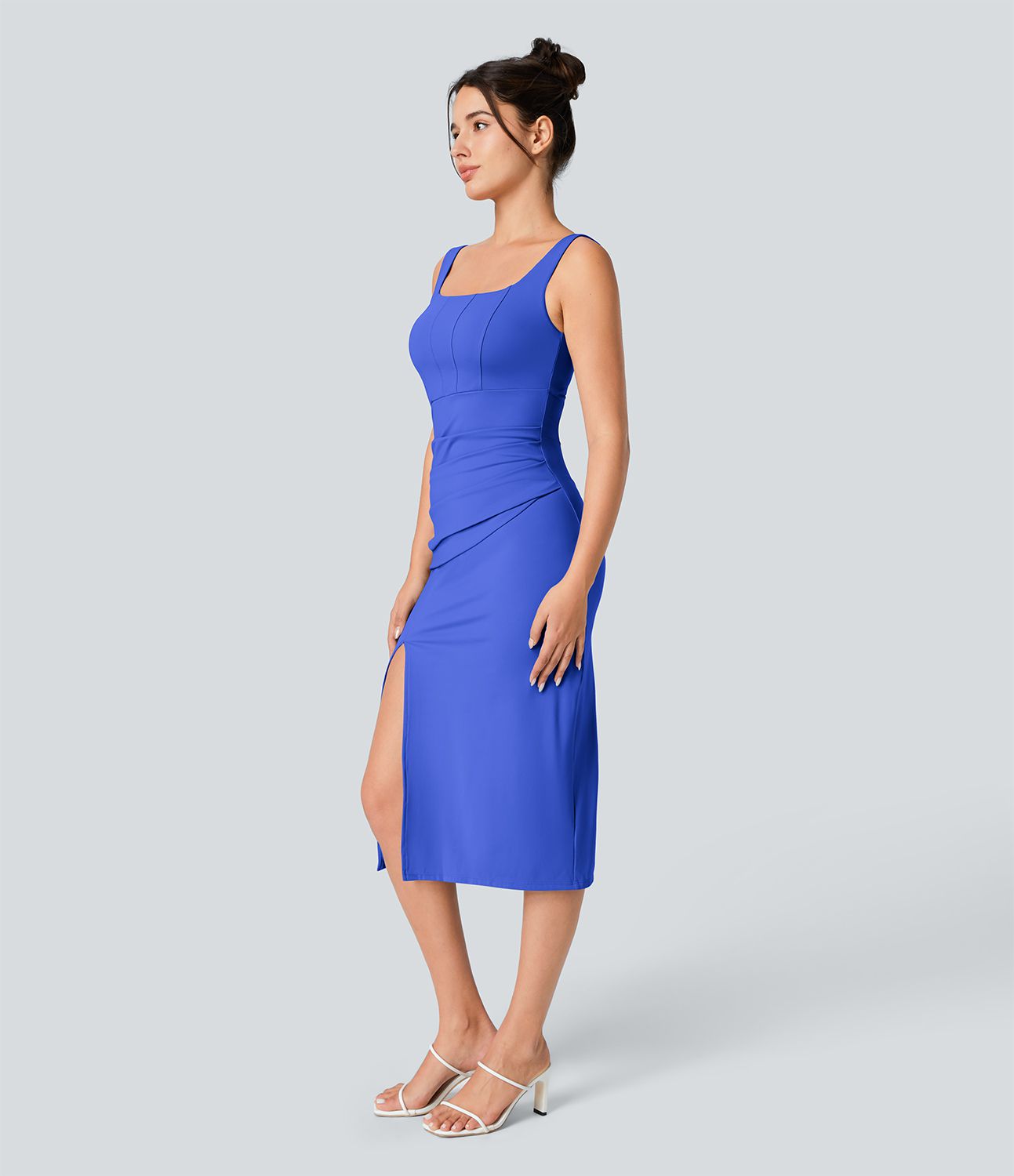 Softlyzero™ Airy Square Neck Backless Corset Ruched Split Bodycon Midi  Bridesmaid and Wedding Guest Dress