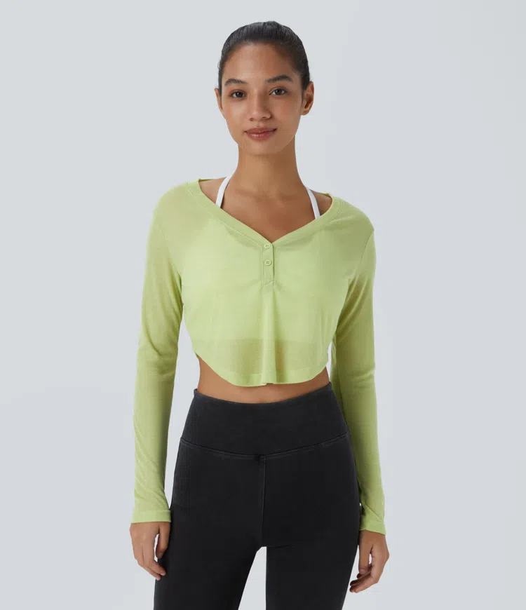 V-neck button long sleeve curved hem crop casual sports top