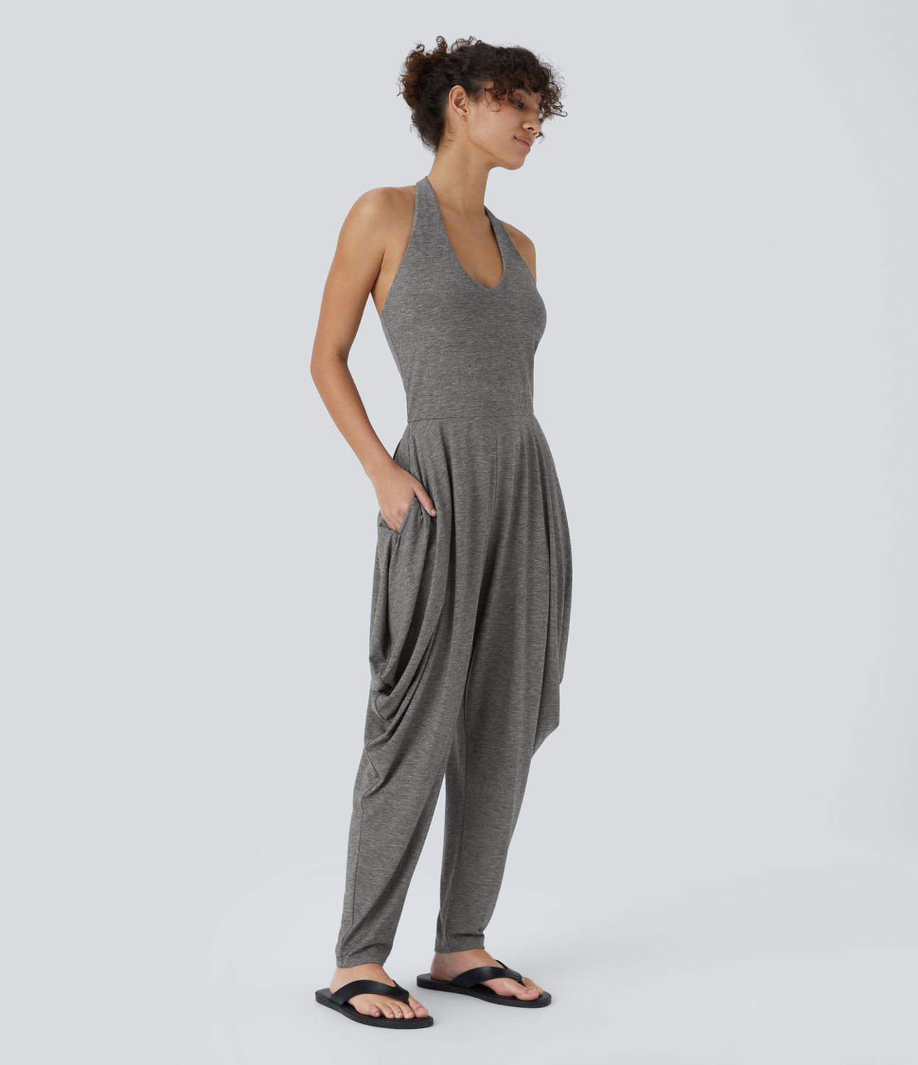 Halter Neck Backless Layered Side Pocket Casual Jumpsuit