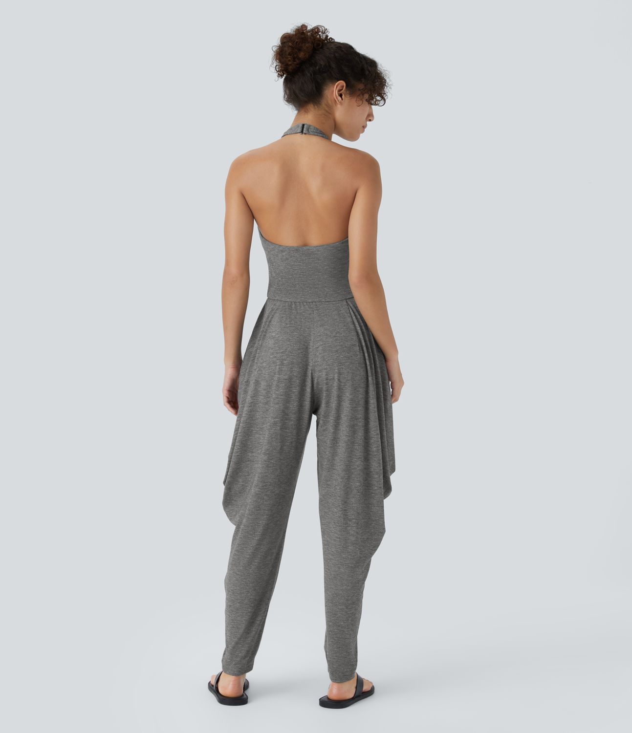 Halter Neck Backless Layered Side Pocket Casual Jumpsuit