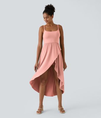 Breezeful™ Rückenfreies, lässiges, 2-teiliges Flowy-Midikleid mit Seitentaschen und asymmetrischem Crossover-Saum, schnell trocknend