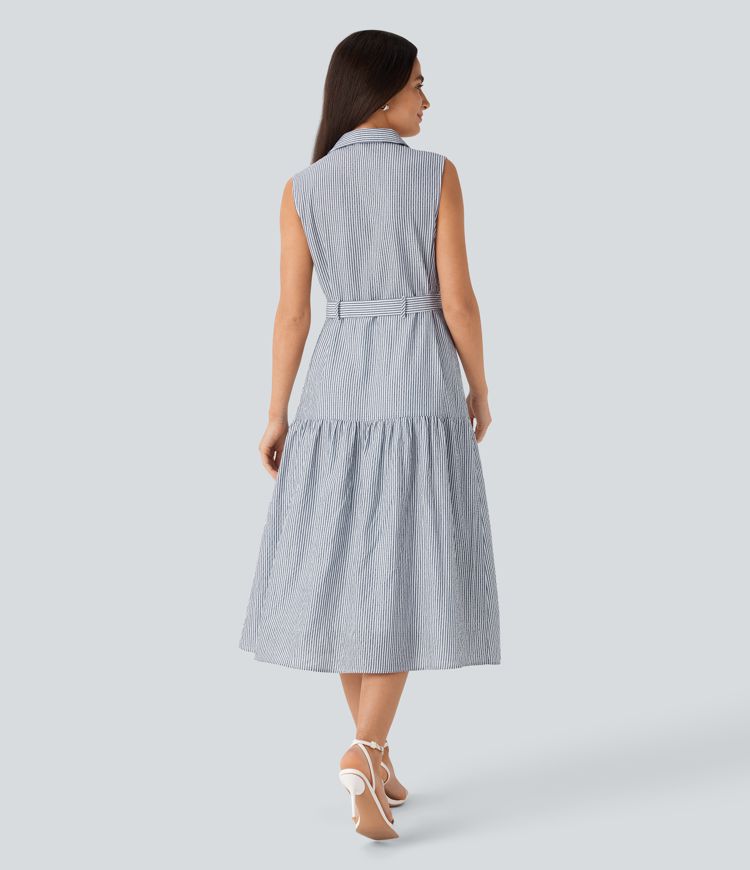 Collared V Neck Sleeveless Button Belted Stripe Midi Work Dress