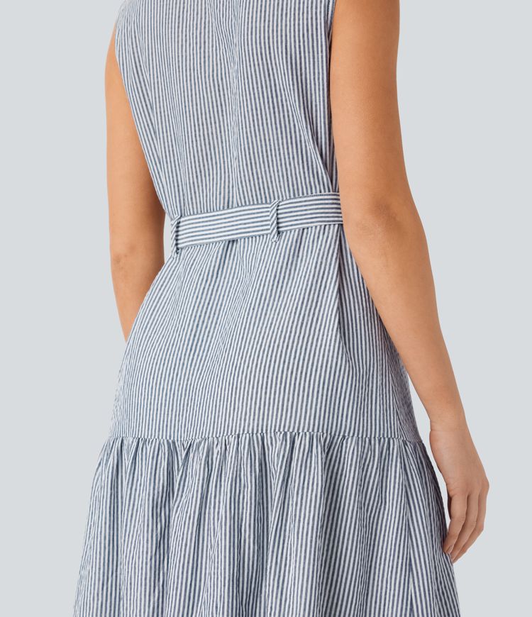 Robe de travail mi-longue rayée sans manches à col, décolleté en V, boutons et ceinture