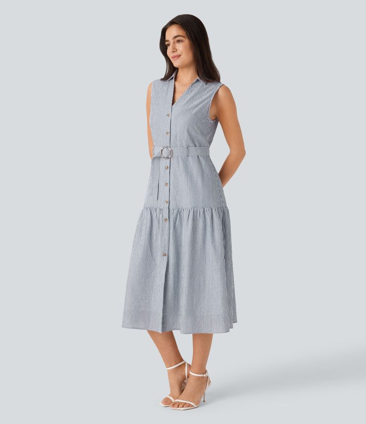 Collared V Neck Sleeveless Button Belted Stripe Midi Work Dress