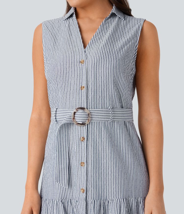 Robe de travail mi-longue rayée sans manches à col, décolleté en V, boutons et ceinture