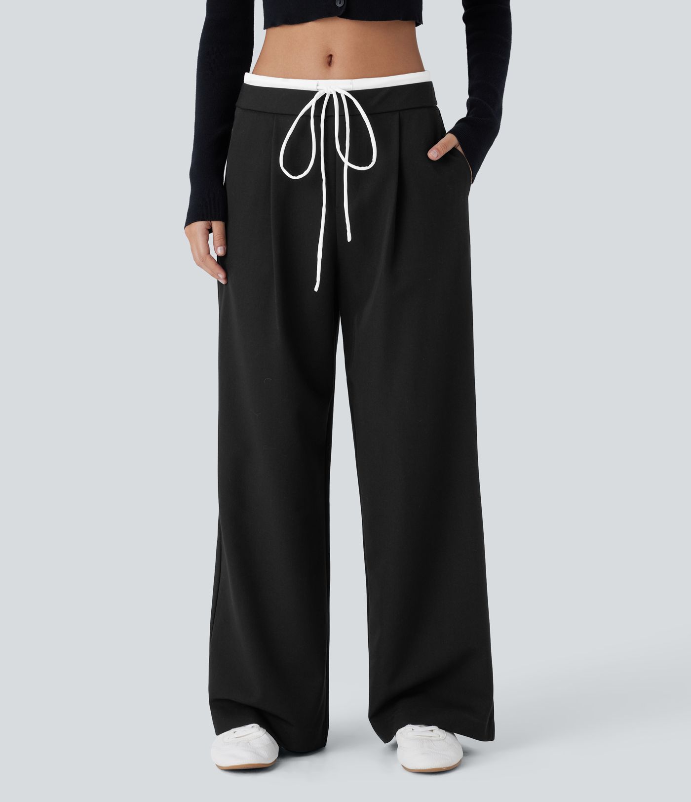 Double-Layer Color Block Low Rise Drawstring Pocket Wide Leg Casual Pants