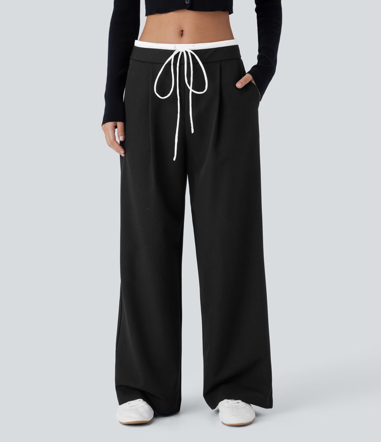 Double-Layer Color Block Low Rise Drawstring Pocket Wide Leg Casual Pants