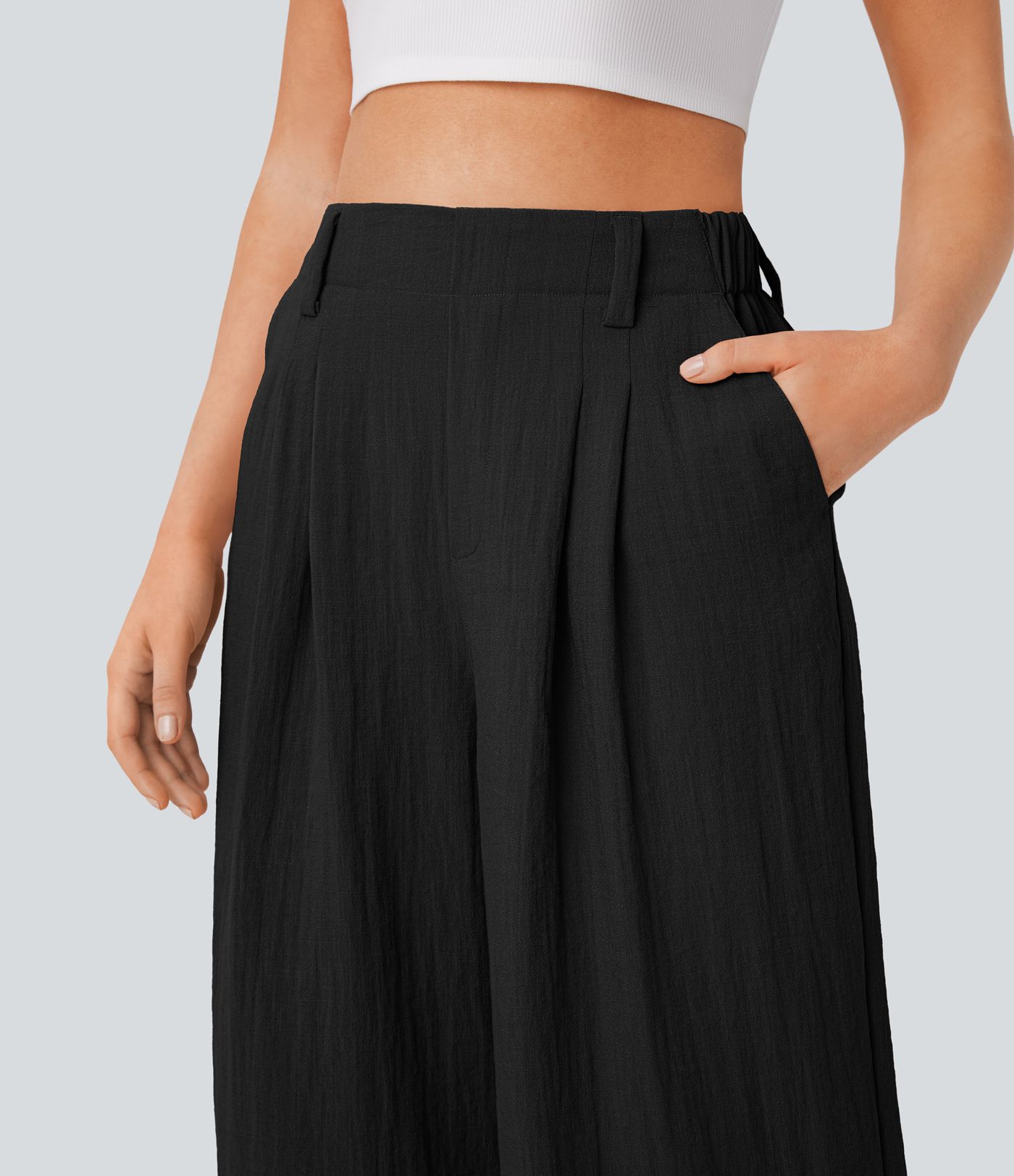 High Waisted Pocket Wide Leg Flowy Solid Palazzo Capri Casual Linen-Feel Pants