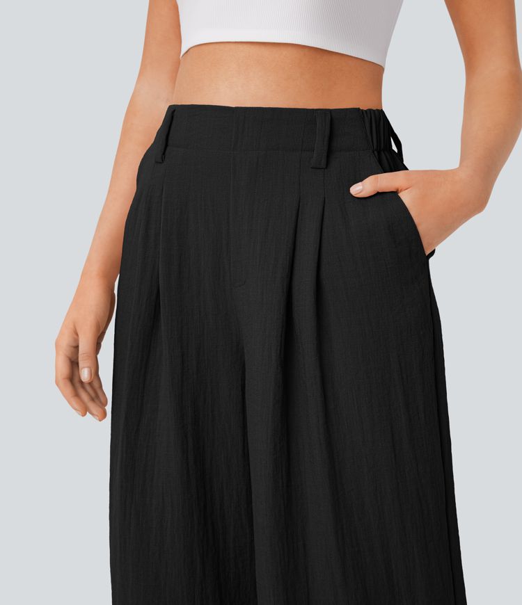 High Waisted Pocket Wide Leg Flowy Solid Palazzo Capri Casual Linen-Feel Pants